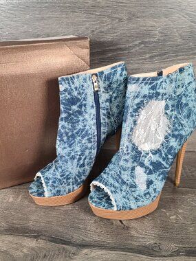 Onlymaker Women's Size 15 Ankle Platform Denim Peep Toe Zip Up Booties